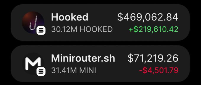 The image displays investment performance cards for two cryptocurrencies—$HOOKED (30.12M tokens) showing a gain of +$219,610.42 on a value of $469,062.84, and Minirouter.sh (31.41M MINI) showing a loss of -$4,501.79 on a value of $71,219.26—supporting the post's claim of successful memecoin trades with substantial profits.