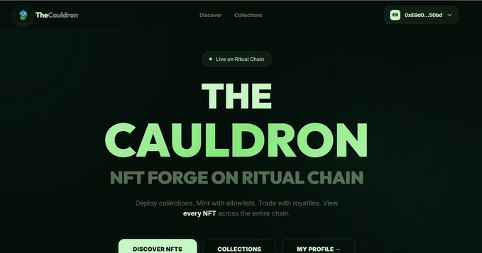 Website homepage for 'THE CAULDRON - NFT FORGE ON RITUAL CHAIN' with a 'Live on Ritual Chain' badge and navigation menu showing Discover, Collections, and a user profile (0xf8d0...50dd).