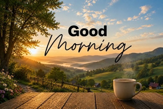 A scenic landscape at sunrise with the text "Good Morning" overlaid, featuring a cup of coffee on a wooden table in the foreground.