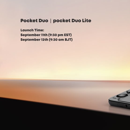 A product announcement for 'Pocket Duo | pocket Duo Lite' with launch times of September 11th (9:30 pm EST) and September 12th (9:30 am BJT), shown over a sunset background with a game console in the corner.