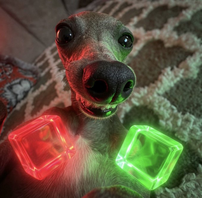 Close-up photo of a small dog (likely an Italian Greyhound or Whippet) with large eyes, lit by red and green lights from two glowing cube-shaped lamps.