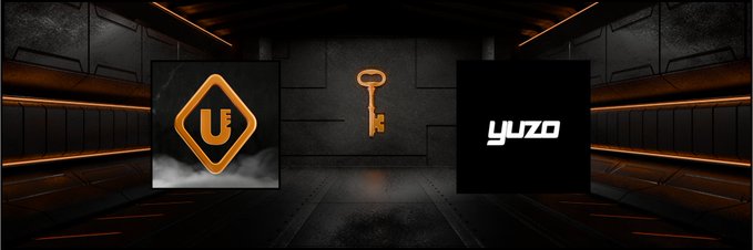 A dark, futuristic corridor scene with orange accent lighting displays three panels: a gold 'U' logo, a gold key, and the word 'yuzu'.
