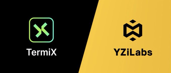 A split-screen image showing two logos: on the left, "TermiX" with a green icon on a black background, and on the right, "YZiLabs" with a black geometric icon on a yellow background.