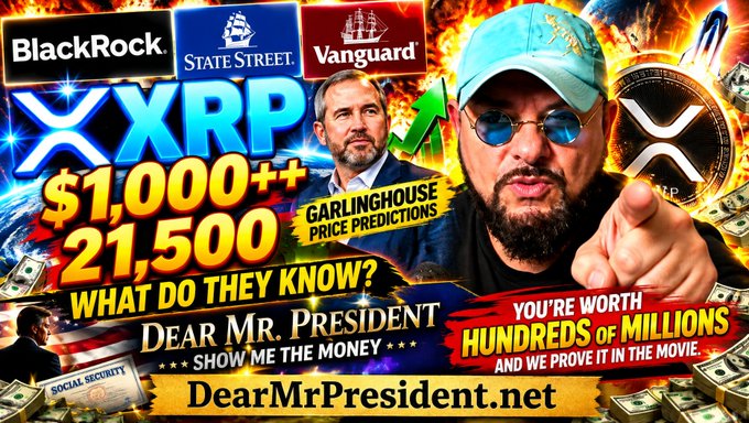 A promotional graphic for DearMrPresident.net features XRP, BlackRock, State Street, and Vanguard logos, along with Garlinghouse price predictions of $1,000++ and $21,500.
