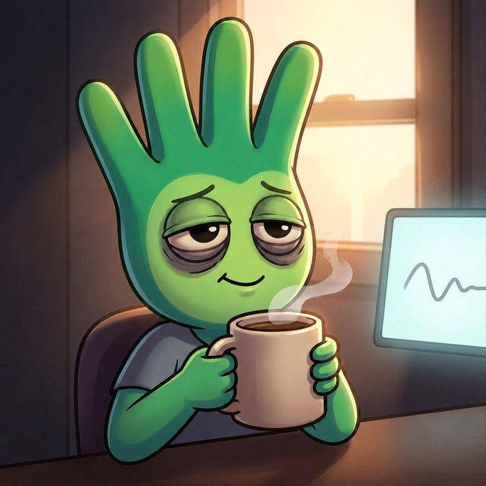 A cartoon green hand character with half-lidded, tired eyes clutches a steaming coffee mug at a desk, embodying the post's weary "growing bags under our eyes" sentiment — except the "bags" it actually grew are its five fingers, with a monitor showing a declining line chart in the background reinforcing the drained onchain life.