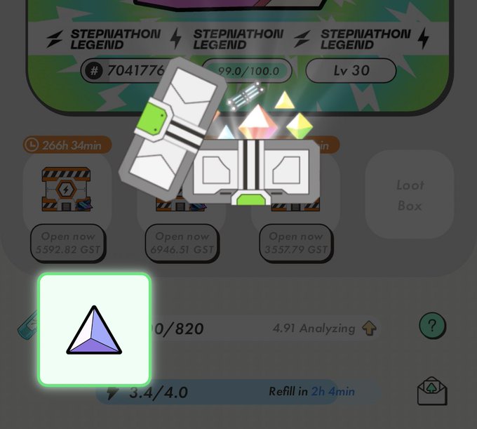 A screenshot from the Stepn app showing loot boxes, GST prices, and a level 30 player profile with id 7041776.
