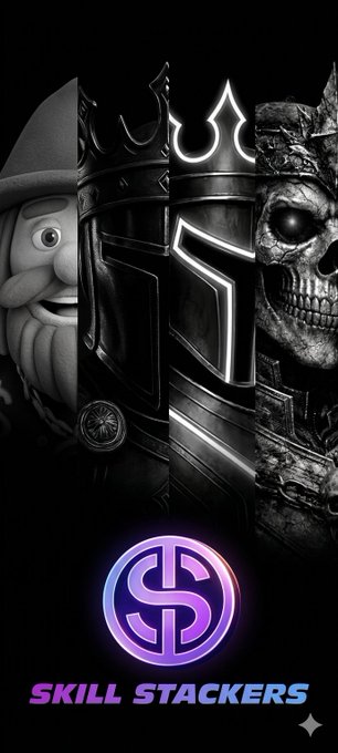 A digital illustration featuring a split design of three characters: a 3D garden gnome, a metallic knight's helmet with glowing white lines, and a cracked skull, above a glowing purple logo with the text 'SKILL STACKERS'.