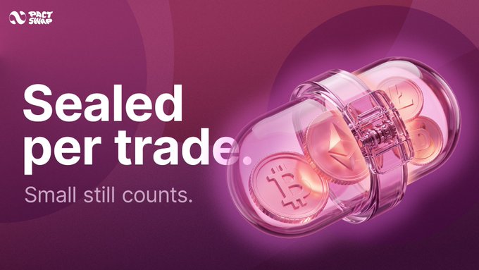 A bold promotional graphic for Pact Swap features a 3D rendering of a glass capsule containing Bitcoin and Ethereum coins, alongside the headline "Sealed per trade" and tagline "Small still counts." The image visually reinforces the post's message about Pact's per-trade collateral model enabling small-value swaps by depicting cryptocurrency securely "sealed" within an individual capsule, emphasizing that even small trades maintain value.
