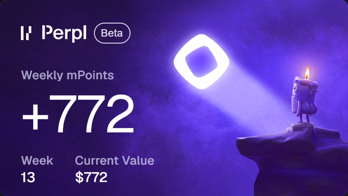 A Perpl Beta dashboard showing 772 weekly mPoints earned in Week 13, with a current value of $772, illustrated by a glowing purple icon and a candle on a rock—visually representing the user's earnings from the Perpl platform praised in the accompanying post.