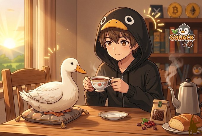 The image features a boy sitting at a table with a duck, both of them drinking tea together. The scene takes place near a window that allows sunlight to stream into the room. There are also other objects present such as a cup on the table and a book nearby. The image is related to the post "GM web3 and X Family! Success doesn't come from one big move. It comes from showing up every day. Keep building. Keep growing. gQuack @wallchain".