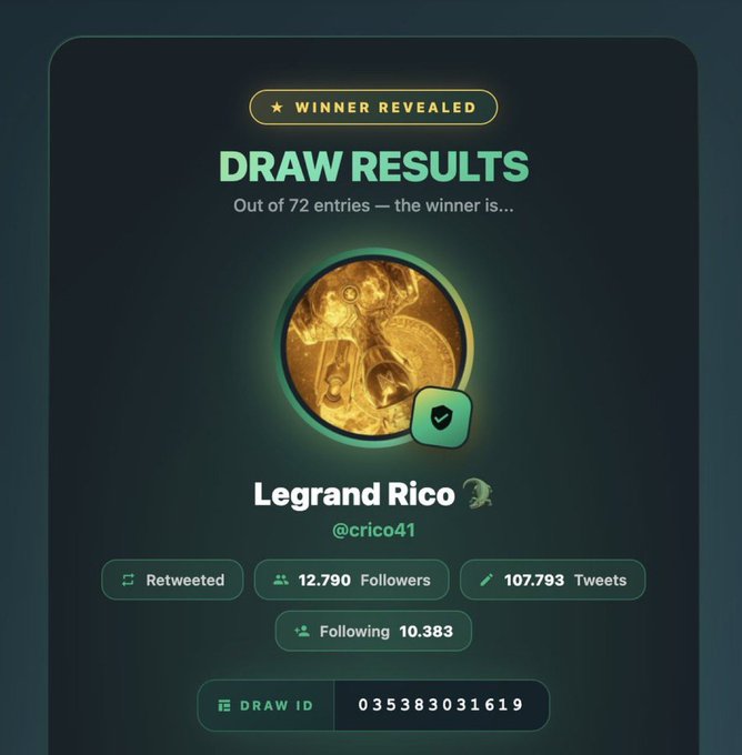 A 'WINNER REVEALED' draw results screen showing 'Legrand Rico (@crico41)' as the winner with 12,790 followers and 107,793 tweets, draw ID 035383031619.
