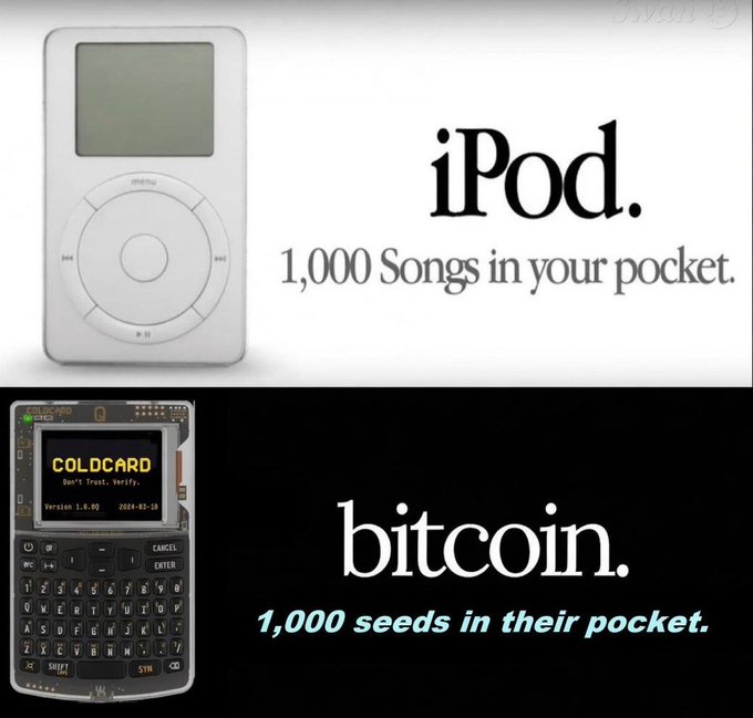 Two-panel advertisement comparing an iPod ("1,000 Songs in your pocket") to a COLDCARD Bitcoin hardware wallet ("1,000 seeds in their pocket"), with COLDCARD version 1.0.0 dated 2024-03-18.