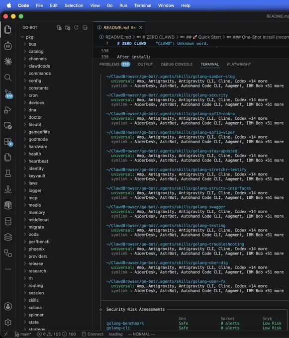 A screenshot of Visual Studio Code displaying a Go-Bot project directory with the README.md file open, showing security risk assessments for various "clawdbrowser" skills (all marked as "Safe"). The image directly supports the post's announcement of "Zero Clawd" for the $CLAWD bot, illustrating the developer's active coding environment and the GitHub repository (CheshireTerminal.ai) referenced for installation.