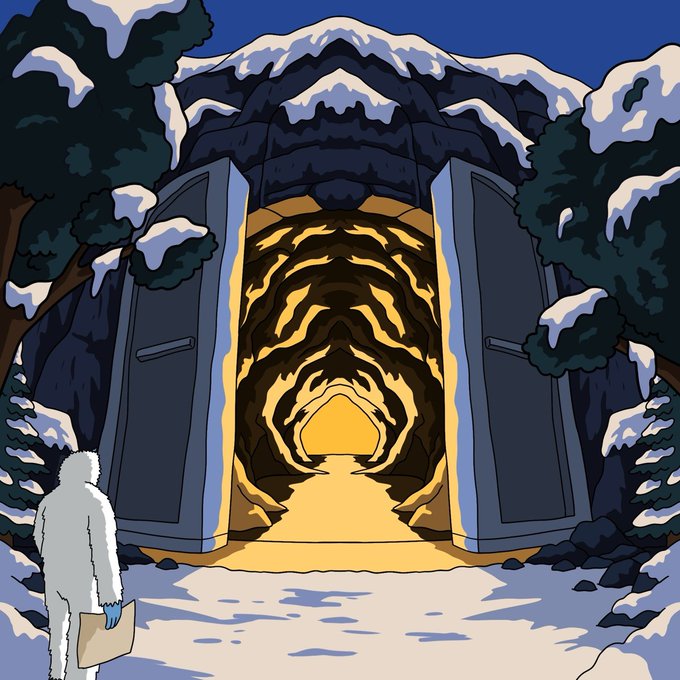 An illustration of a yeti-like creature holding a piece of paper, standing before large open doors that reveal a glowing, golden cavern entrance in a snowy landscape.