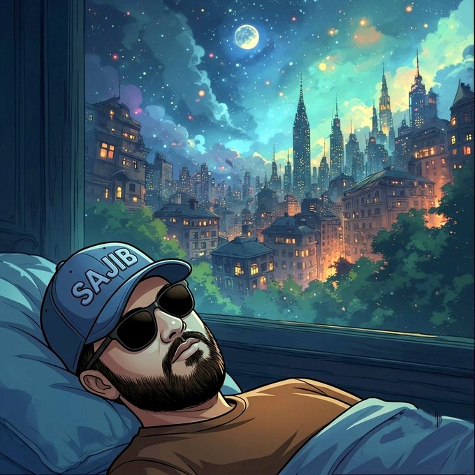 A bearded man wearing sunglasses and a "SAJIB" cap rests peacefully in bed, gazing out a window at a dreamy, starlit cityscape with a glowing moon. The image ties to the "Good Night CT $ANSEM" post by evoking a calm, end-of-night bullish moment—mirroring the call for patience and optimism as momentum builds.