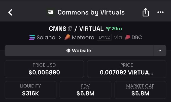 A crypto token information screen for 'CMNS / VIRTUAL' showing a price of $0.005890, liquidity of $316K, FDV of $5.8M, and market cap of $5.8M on Solana via Meteora.