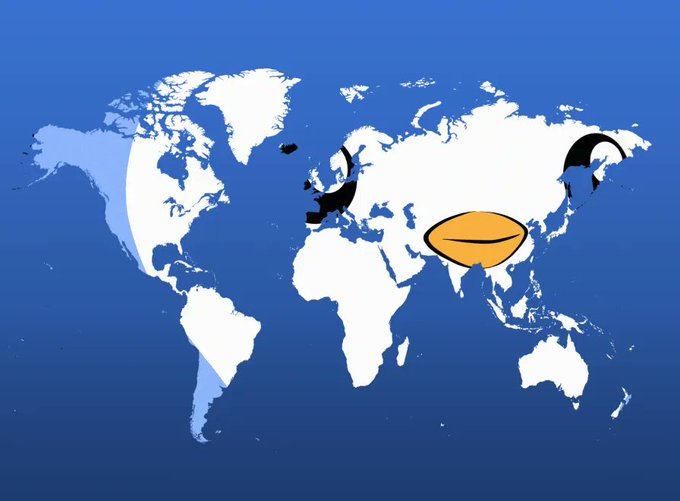 A world map illustration on a blue background with a cartoon face featuring orange lips and black eye-like shapes placed over the Asian and European regions.