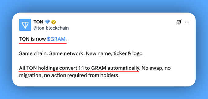 The image features a social media post by Toncoin that has been renamed to $GRAM. The post explains that Toncoin was originally named GRAM but has now been renamed back to its original name. The post also mentions that the community has voted to bring the token back to its early name, GRAM. The post includes a link to a poll where the community members were asked whether they would like to see the token's name change back to GRAM or if they are happy with the new name.