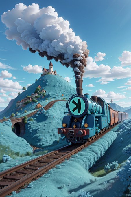 A stylized, cartoonish illustration of a blue steam train with a large 'R' on its front, traveling on tracks through a vibrant blue landscape with a castle-topped hill in the background, emitting a massive plume of smoke into a bright sky.