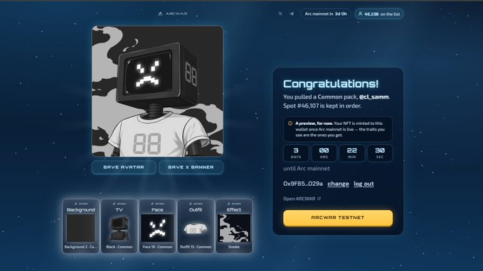A screenshot of the ARCWAR platform showing a pixelated robot avatar with customizable outfit options, alongside a 'Congratulations!' message indicating a user pulled a Common NFT pack.