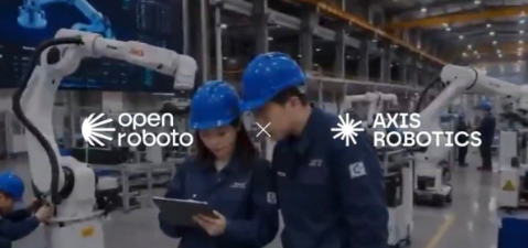 A promotional image shows two workers in blue hard hats and uniforms looking at a tablet in an industrial robotic facility, with 'open roboto' and 'AXIS ROBOTICS' logos displayed.
