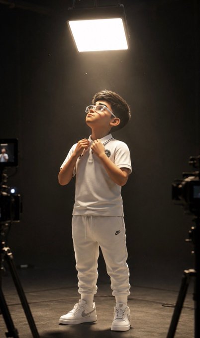 A young boy in a white Nike outfit stands under a studio light, looking upwards while adjusting his collar, surrounded by cameras.