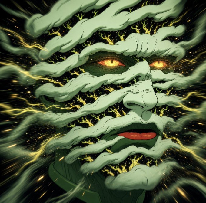 A surreal illustration depicts a face with glowing orange eyes and red lips, wrapped in serpentine green hands or tendrils, set against a backdrop of crackling yellow lightning and a starry black void. The image's cosmic, electrified energy evokes the creative intensity and community-driven experimentation being asked about in the NFT post for a productive Saturday.