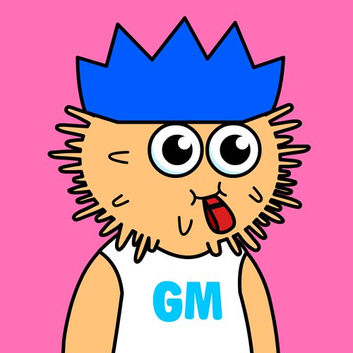 A cartoon mascot of a fluffy brown animal wearing a blue crown and a white tank top with 'GM' printed in blue stands against a solid pink background.