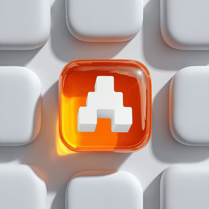 A 3D-rendered glossy orange app icon featuring a white abstract pixelated logo, set among similar white icons on a grid.