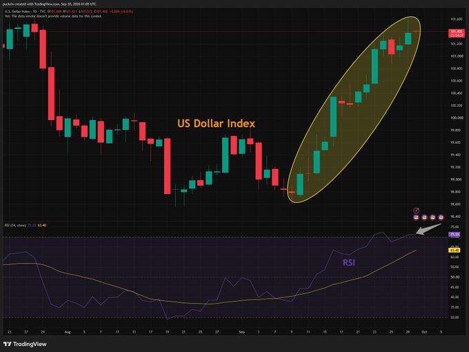 A candlestick chart from TradingView showing the U.S. Dollar Index with a circled upward trend highlighted in yellow, along with an RSI indicator below.