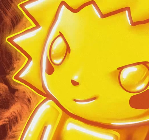A close-up of a stylized, glowing yellow character with spiky hair, large eyes, and rosy cheeks, set against an orange background.