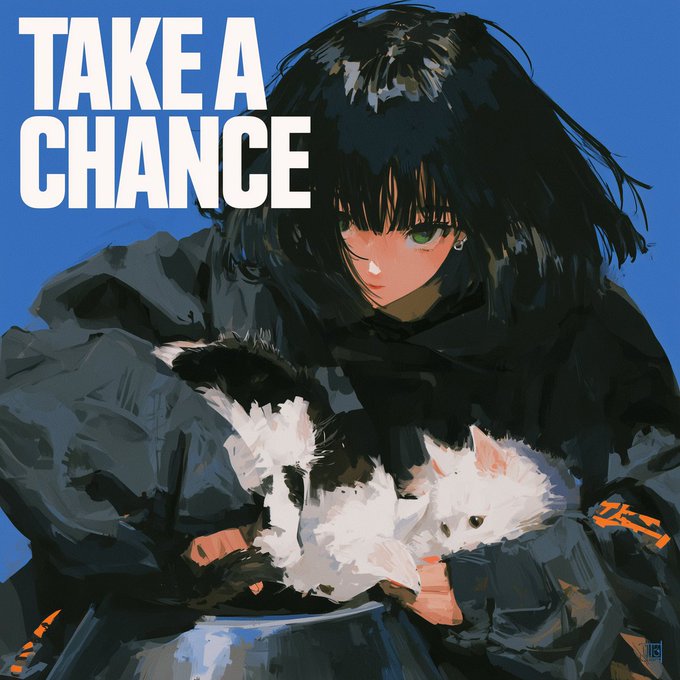 Digital artwork featuring a dark-haired anime-style girl holding a fluffy white cat, with the bold white text "TAKE A CHANCE" overlaid on a blue background.