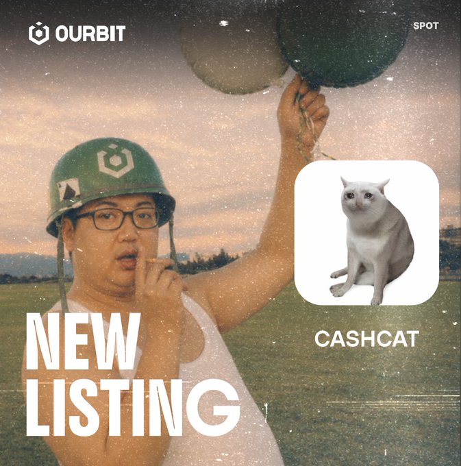 A man in a green helmet shushes the viewer while holding up balloons, with "OURBIT SPOT" and "NEW LISTING" text alongside the CASHCAT logo and a gray cat image, announcing the new $CASHCAT listing on OurBit's spot exchange for deposits and trading.