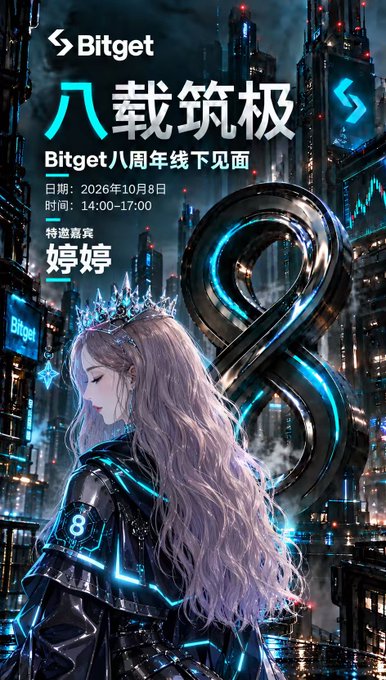 A promotional poster for Bitget featuring an anime-style girl with long hair and a crown against a futuristic cityscape with a glowing '8'. Text reads 'Bitget', '八载筑极', 'Bitget八周年线下见面', '日期：2026年10月8日', '时间：14:00-17:00', '特邀嘉宾 婷婷'.