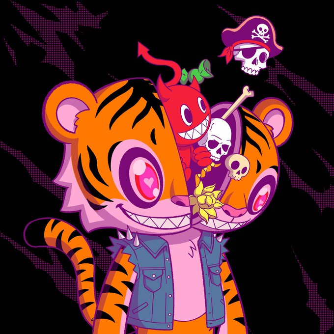 A colorful cartoon illustration of a two-headed tiger character wearing a denim vest, with one head being a devil and the other a skull-pirate, set against a black background with purple accents.