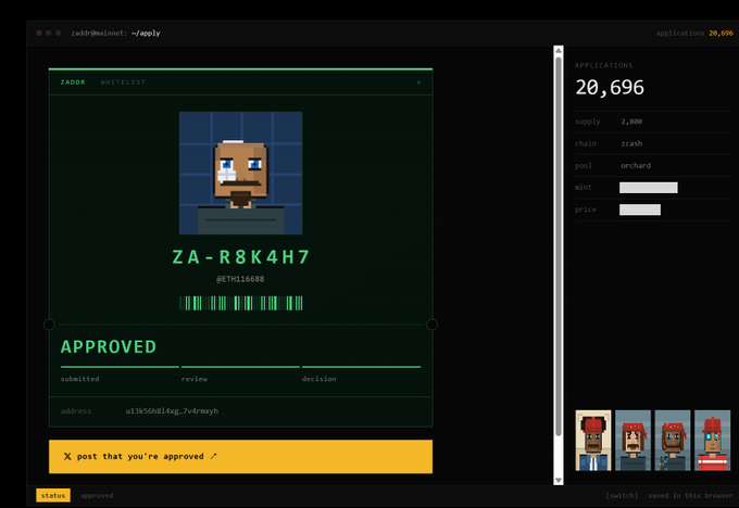 Screenshot of a ZADDX whitelist application approval page showing a pixel art avatar with the code ZA-R8K4H7, displaying "APPROVED" status, with 20,696 total applications visible on the right side.