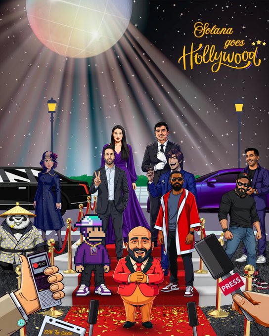 A colorful illustrated poster titled 'Solana goes Hollywood' depicting various characters on a red carpet including a person in a red suit, a pixel art NFT character, and a panda.