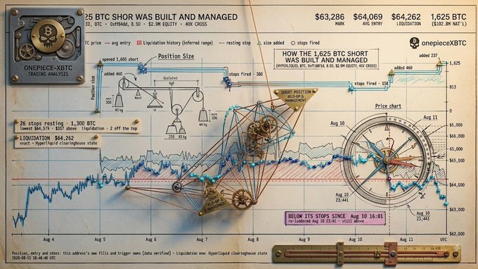 The infographic, titled "25 BTC Short Was Built and Managed," details a trader's leveraged BTC short position managed by "onepieceXbtc," showing 1,625 BTC short ($103.3M notional) on $2.432M equity with liquidations clustered around $64,262—illustrating the post's note about a hyperliquid whale using unrealized PnL to add to a 40x+ leveraged short just 1.12% above current price.