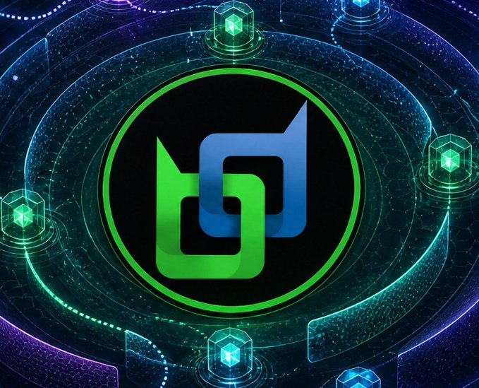 A futuristic digital graphic featuring a green and blue stylized logo inside a circle, surrounded by glowing hexagonal nodes and tech-inspired circular patterns on a dark background.