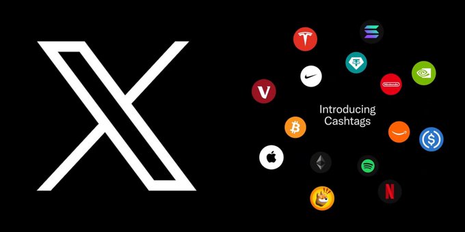 A promotional graphic featuring the X (Twitter) logo alongside various app icons announcing 'Introducing Cashtags'.
