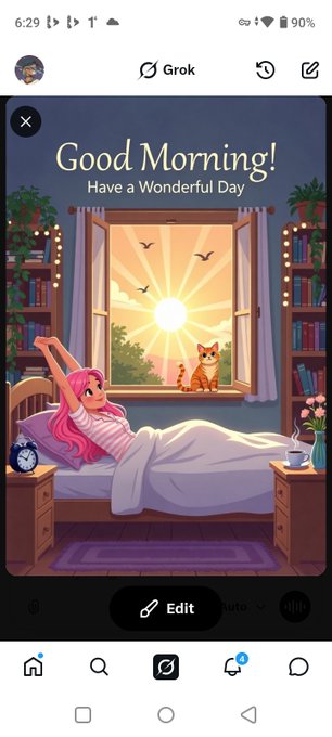 The image shows a woman with pink hair lying in bed, stretching out her arms as she wakes up. The room has a window that lets in sunlight, creating a warm atmosphere. There are also books scattered around the room, suggesting that the woman enjoys reading or studying. A cat is sitting on top of one of the windowsills, adding to the cozy ambiance. The post features a cartoon illustration of the woman and her cat, with the caption "Good morning! Have a wonderful day!"