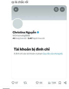 A Twitter/X profile screenshot showing 'Christina Nguyễn' (@ChristinaNg8888) pinned post about 'Tài khoản bị định chỉ' (Account suspended), with 9.467 người theo dõi, 67 replies, 66 likes, and 7.6K reposts.