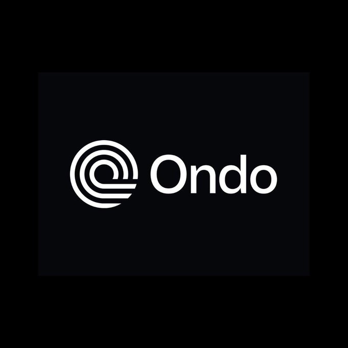The image features a logo for an online financial services company named @Ondo Finance. The logo is white with a curved line that represents the company's name. It also contains the text "ONDO" which further emphasizes the connection between the company name and its identity in the online finance space. As part of the post, there is information about how @Ondo Finance has exceeded $110 million in trading volume within just 24 hours, highlighting their success in the market.
