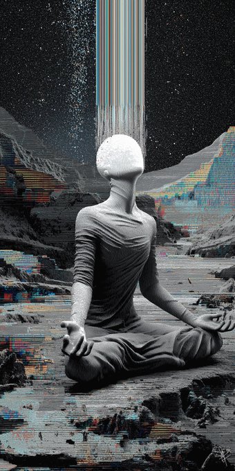 A surreal black and white image of a gray, faceless humanoid figure meditating in a lotus position on a rocky, barren landscape, with a stream of multicolored light beams descending from a starry sky onto its head.