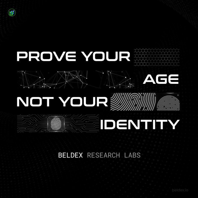 A black promotional graphic from Beldex Research Labs featuring fingerprint imagery and the text 'PROVE YOUR AGE NOT YOUR IDENTITY' alongside beldex.io.