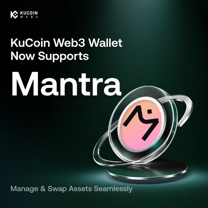 A KuCoin Web3 Wallet promotional graphic announcing support for Mantra (MANTRA) mainnet assets, featuring the Mantra token logo encircled by metallic rings and the tagline "Manage & Swap Assets Seamlessly."