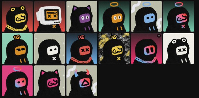 A grid of colorful cartoon characters, including black ninja-like figures with halos, cat-like creatures, and a small TV-headed character, set against dark backgrounds.