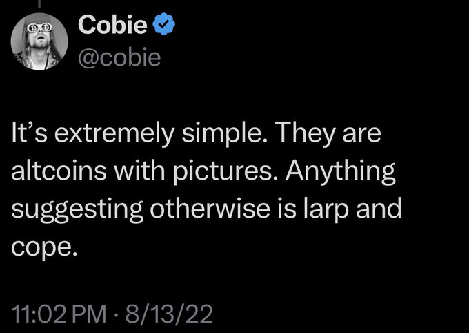 A tweet from Cobie (@cobie) dated 8/13/22 at 11:02 PM reads: 'It's extremely simple. They are altcoins with pictures. Anything suggesting otherwise is larp and cope.'