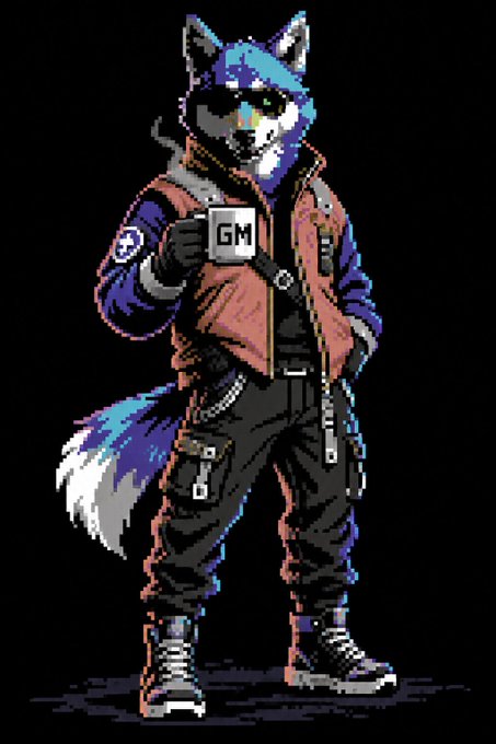 A pixel art illustration of an anthropomorphic raccoon character wearing a hooded jacket and backpack, holding a mug that reads 'GM', with a blue and white striped tail.