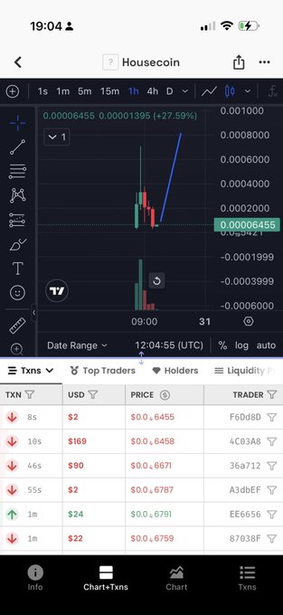 A screenshot of a mobile trading app showing the Housecoin (HOUSE) price chart with a 27.59% gain, along with a transaction history table displaying recent trades in USD. The post references the Housecoin token's implementation on Solana with its contract address (0x34c21f10ea7ec052ed878d157f40fb4160730b24), suggesting the image showcases the token's recent price activity to support the claim that it's a meme token tied to Robinhood's Vlad Tenev and the housing market tokenization narrative.